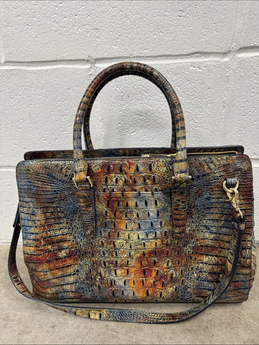 Brahmin Multicolor Croc-Embossed Satchel in Blue, Brown & Tan - Picture 2 of 9